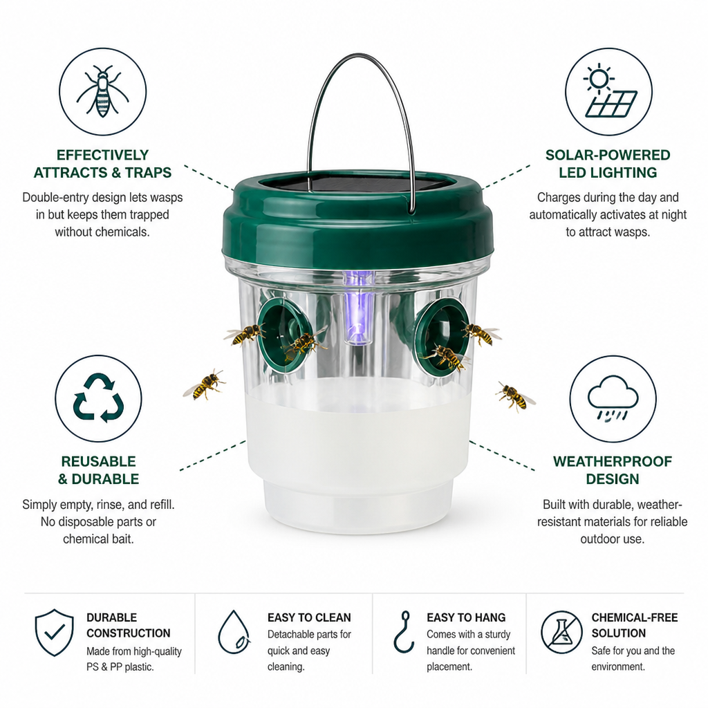 Wasp Trap Solar-Powered LED Double-Entry & Reusable