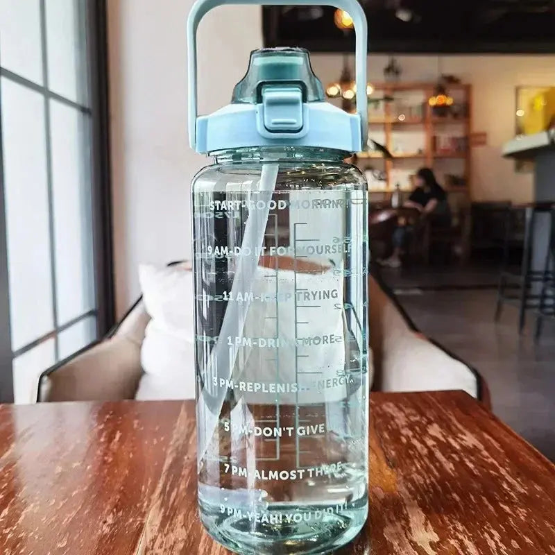 Water Bottle 2 Liter Time Markers Leak-Proof Integrated Straw