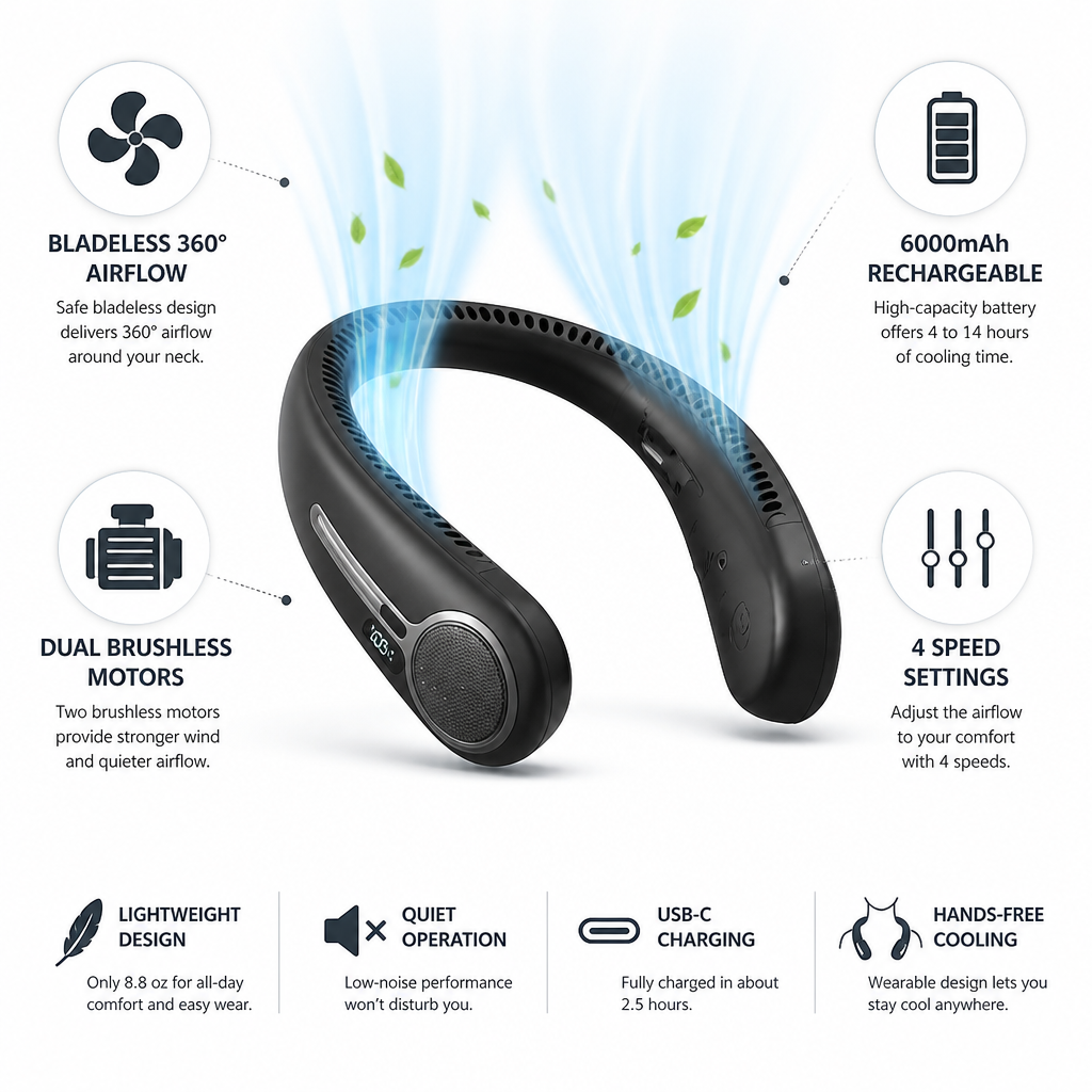 Wearable Neck Fan Bladeless 360 Airflow 6000mAh Rechargeable