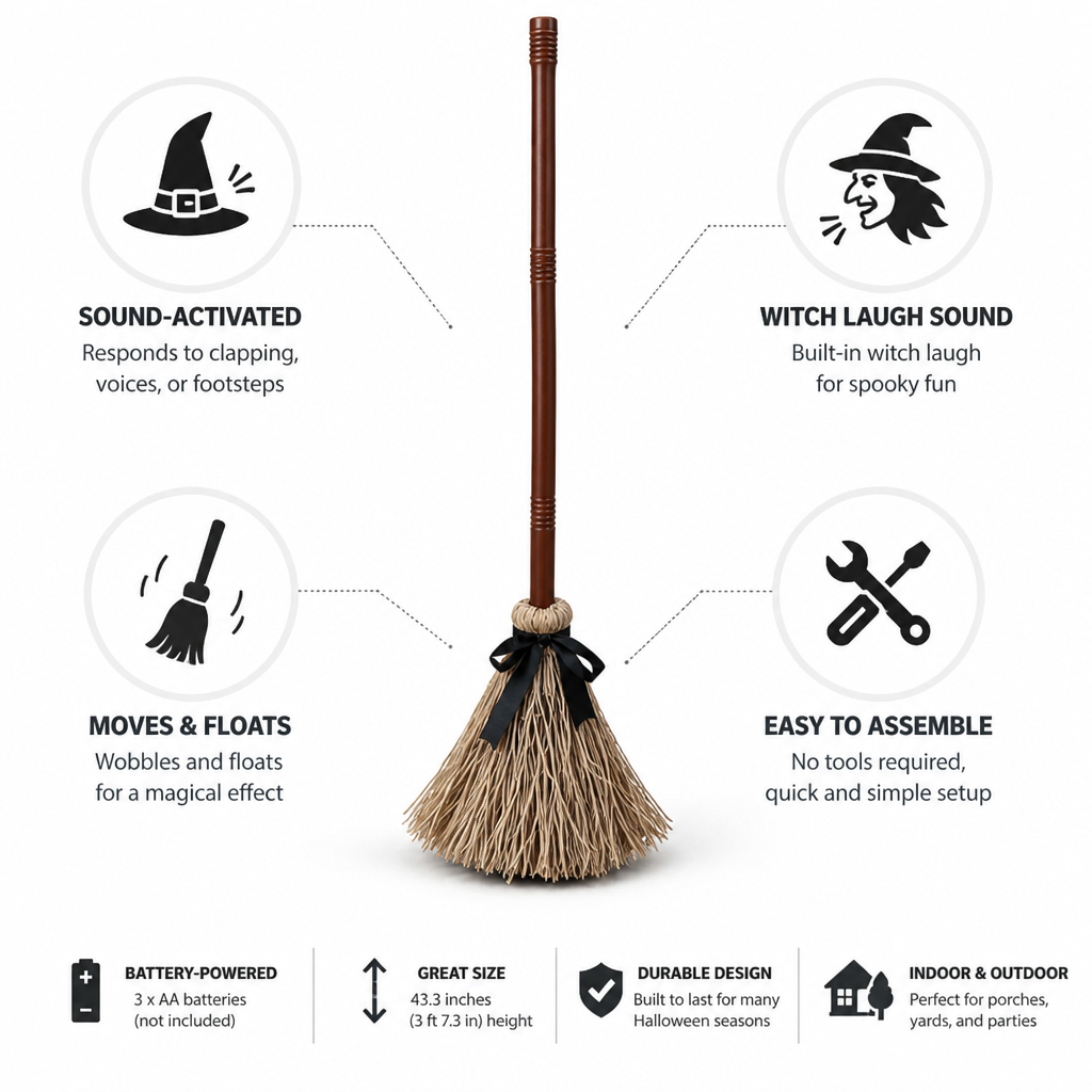 Witch Broom Sound-Activated Motion & Laugh Battery-Powered