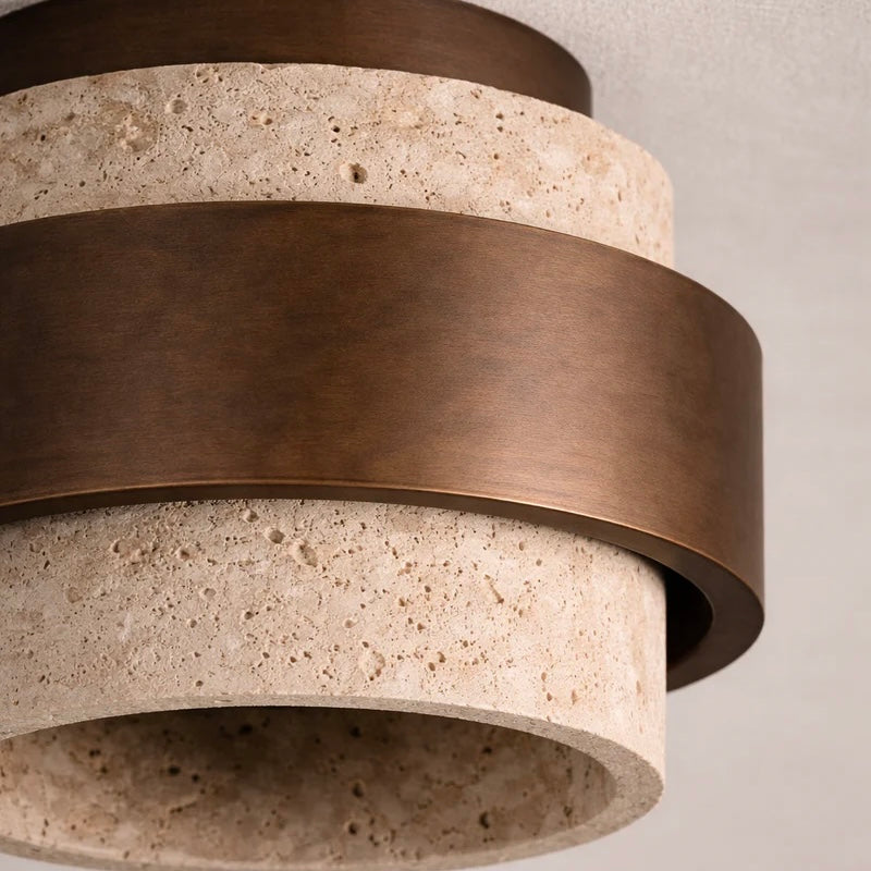Elegant Travertine and Wood Ceiling Fixture with Soft Glow