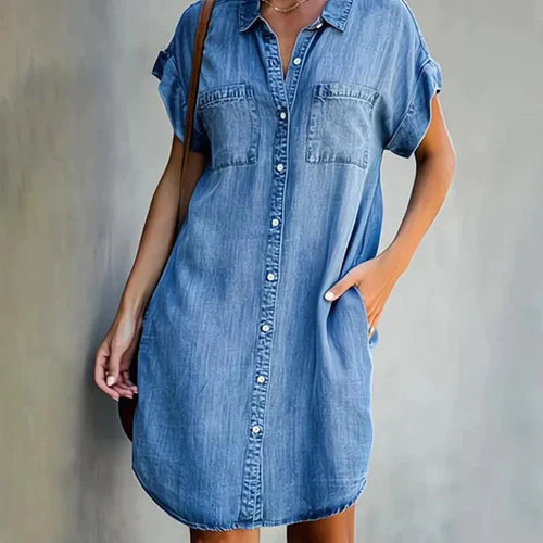 Chic Denim Dress with Button Closure and Functional Pockets