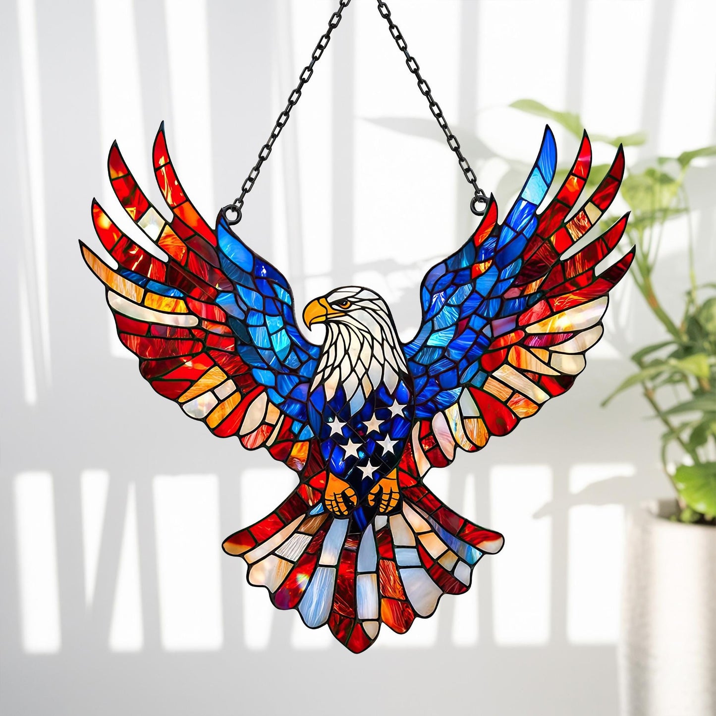 Vibrant Eagle Stained Glass Window Panel with Chain