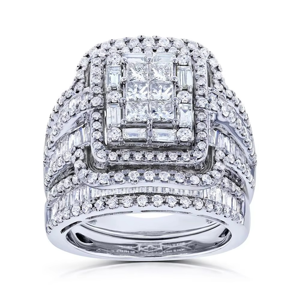 Elegant Bridal Ring Duo Featuring Square Stone and Halo Accents