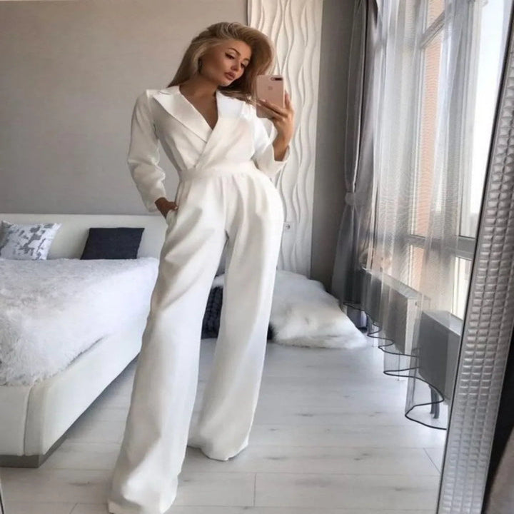 Effortless Elegance: Long Sleeve Jumpsuit with V Neck and Back Zip