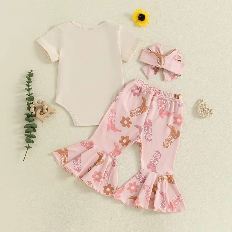 Charming Western Baby Outfit Set with Floral Pants & Bow Headband
