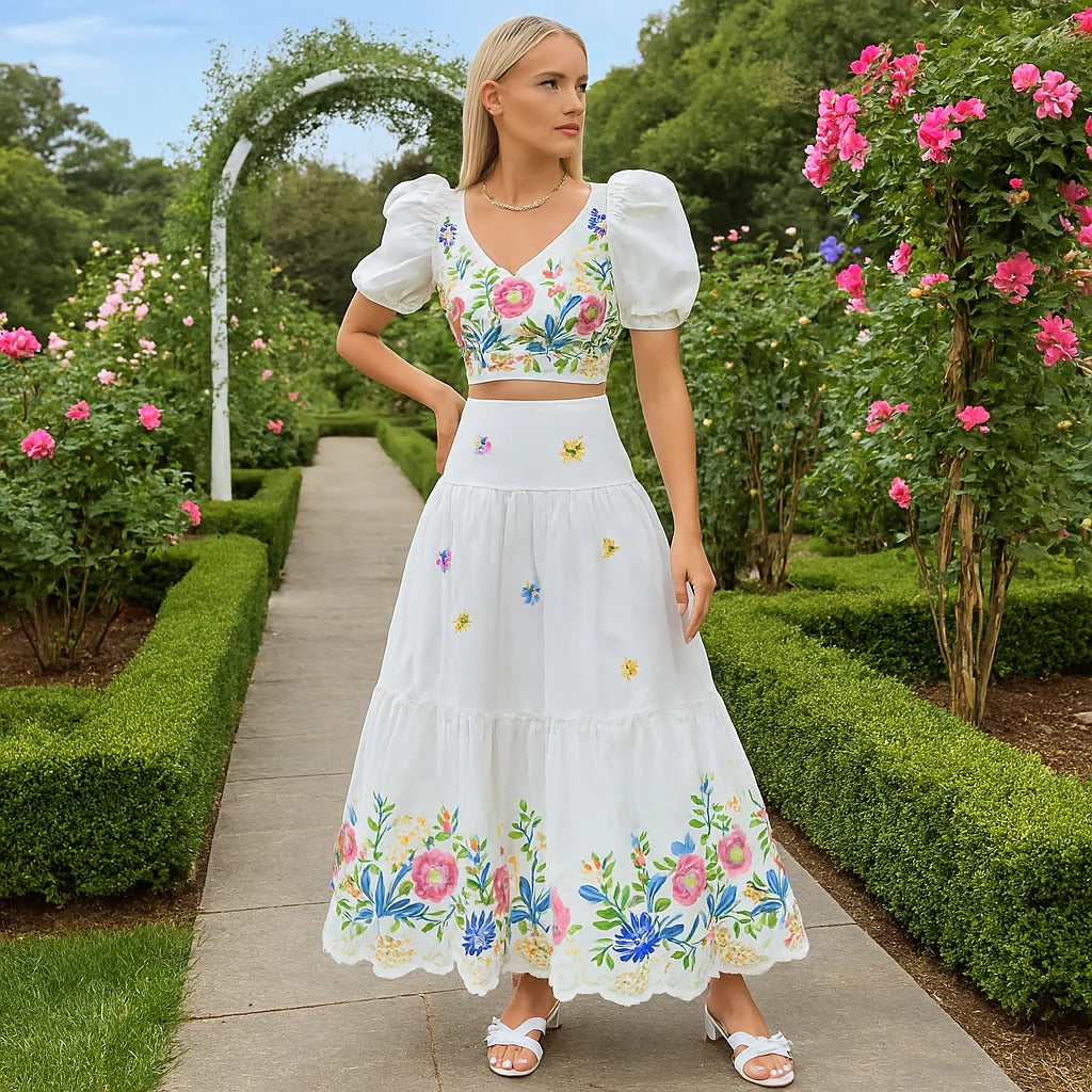 Chic Floral Ensemble with Puff Sleeve Crop Top & High Waist Skirt
