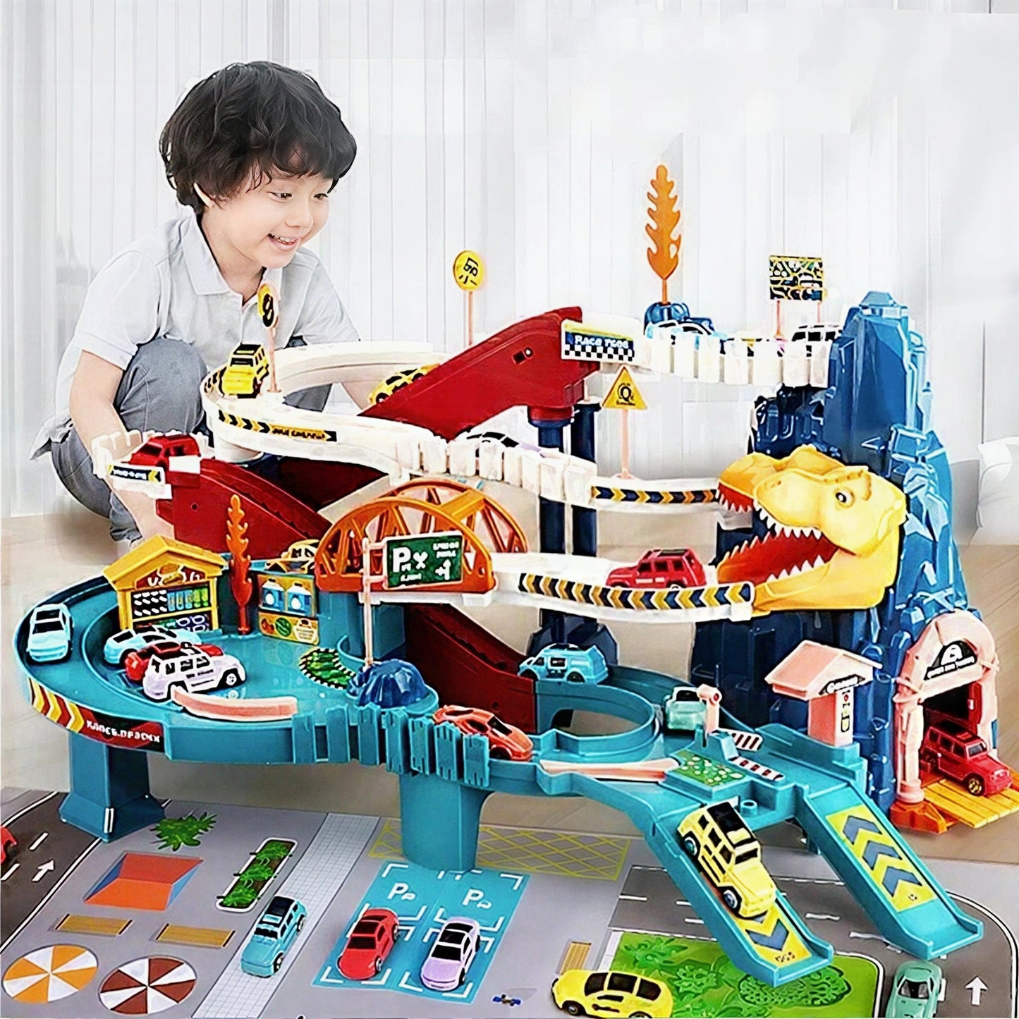 Jurassic Adventure Race Track Set with 8 Cars and Features