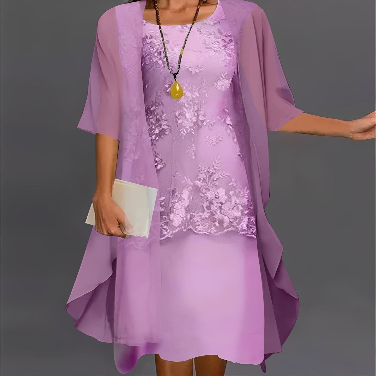 Elegant Two-Piece Chiffon Ensemble with Lace Top