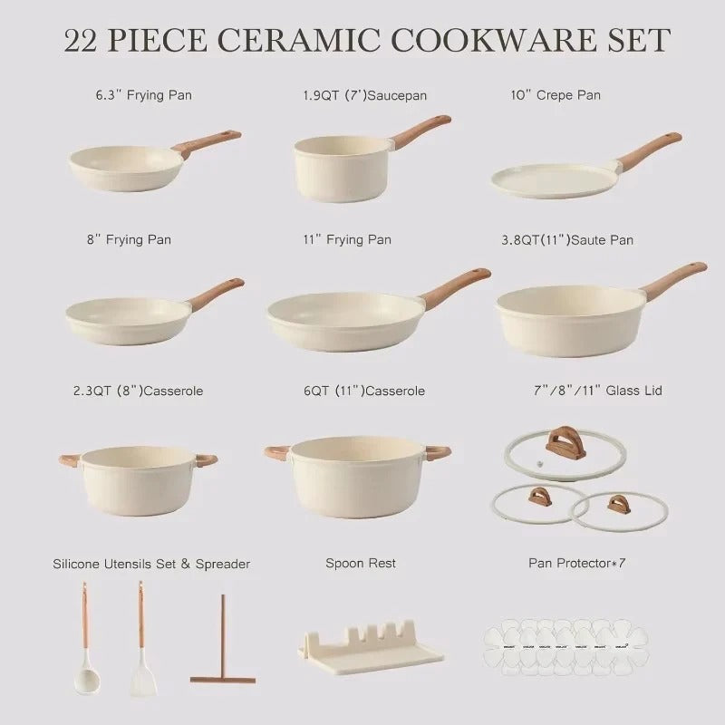 22-Piece Nonstick Ceramic Cookware Set with Glass Lids