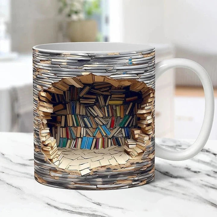 Literary Haven Ceramic Coffee Cup with 3D Bookshelf Print