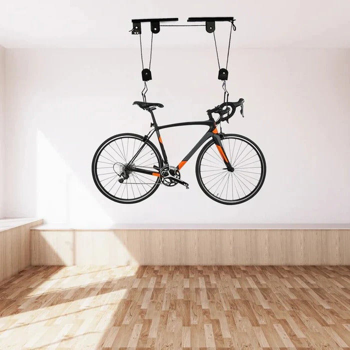 Space-Saving Overhead Bike Lift with Secure Pulley System