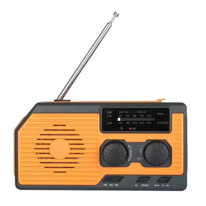 All-in-One Emergency Radio with Solar, Crank Power, and USB Charging