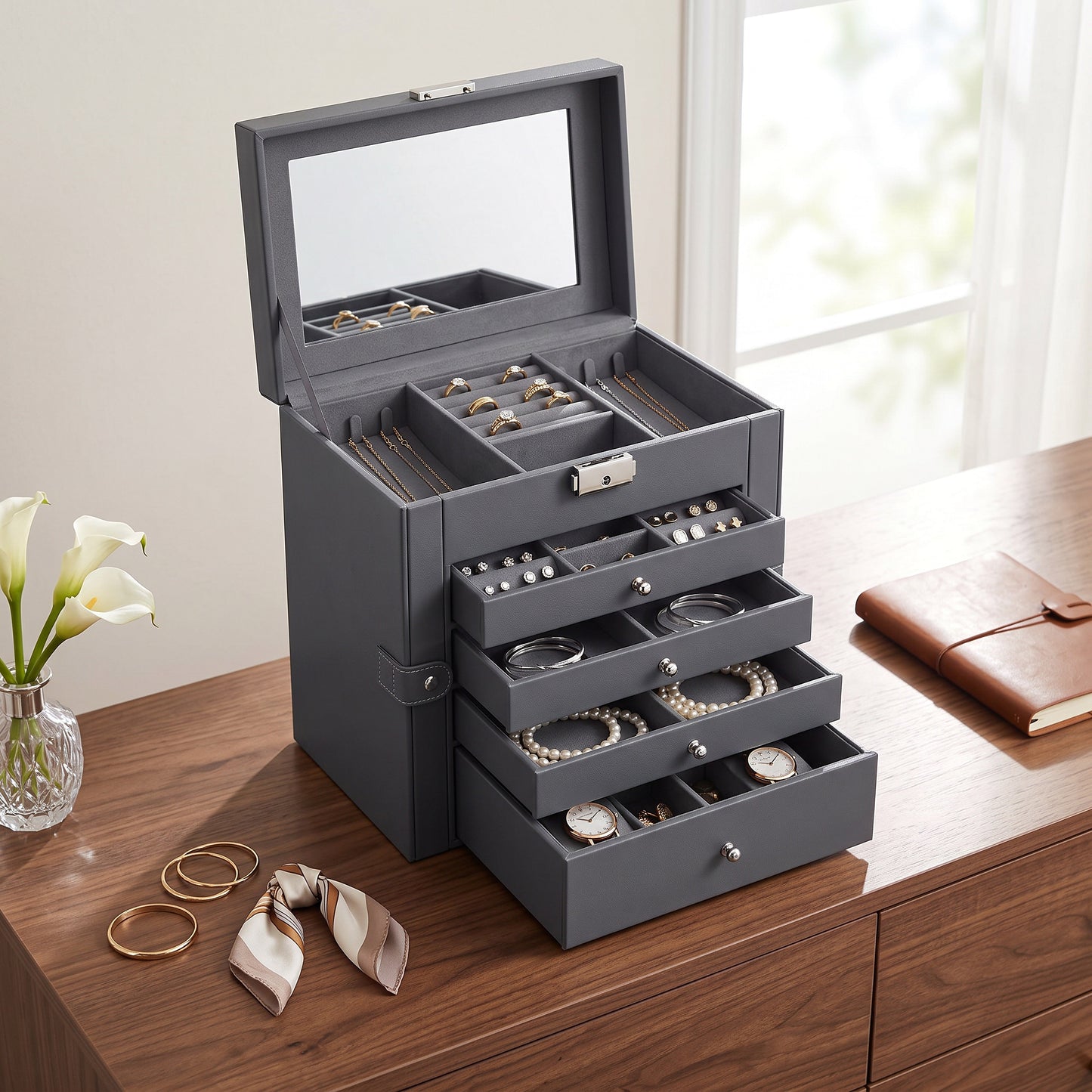 Elegant Jewelry Storage with Six Levels and a Flip-Up Mirror