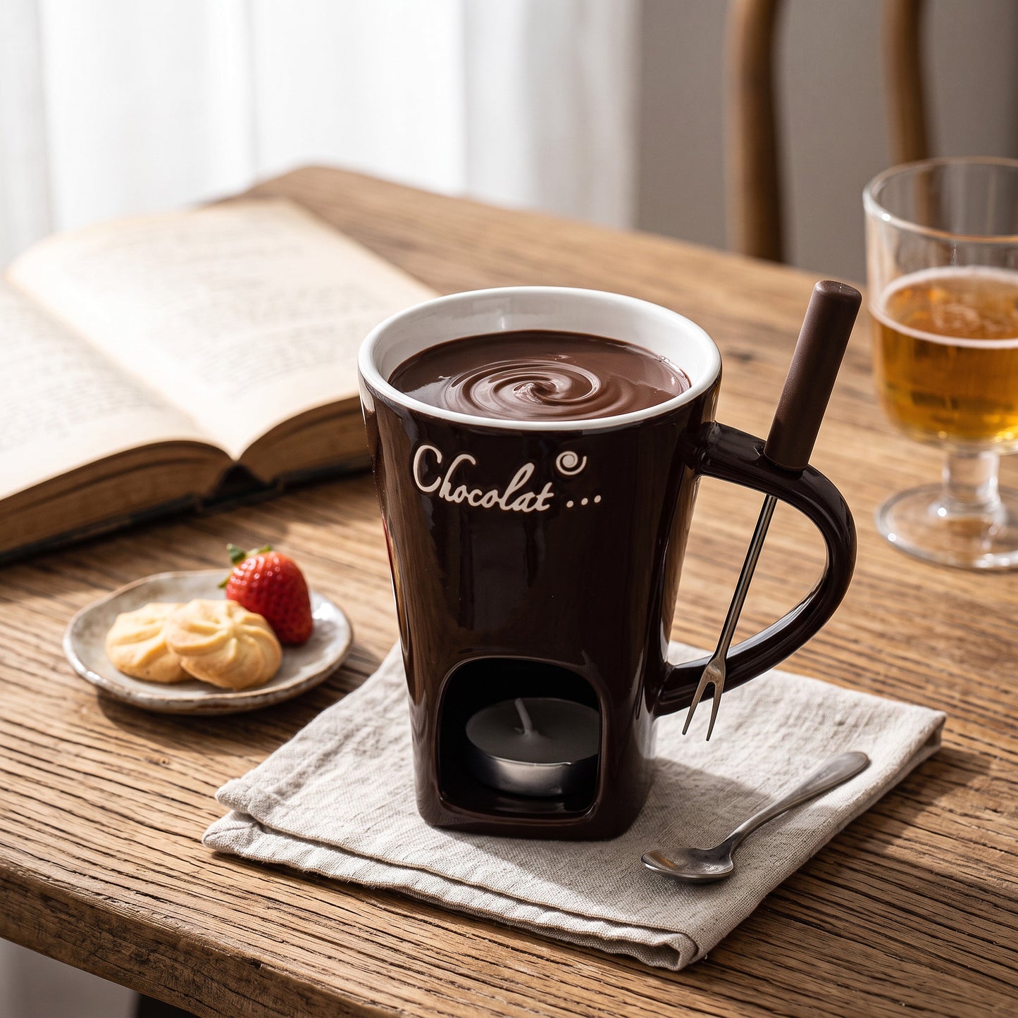 Elegant Ceramic Fondue Set with Stainless Steel Dipper and Candle