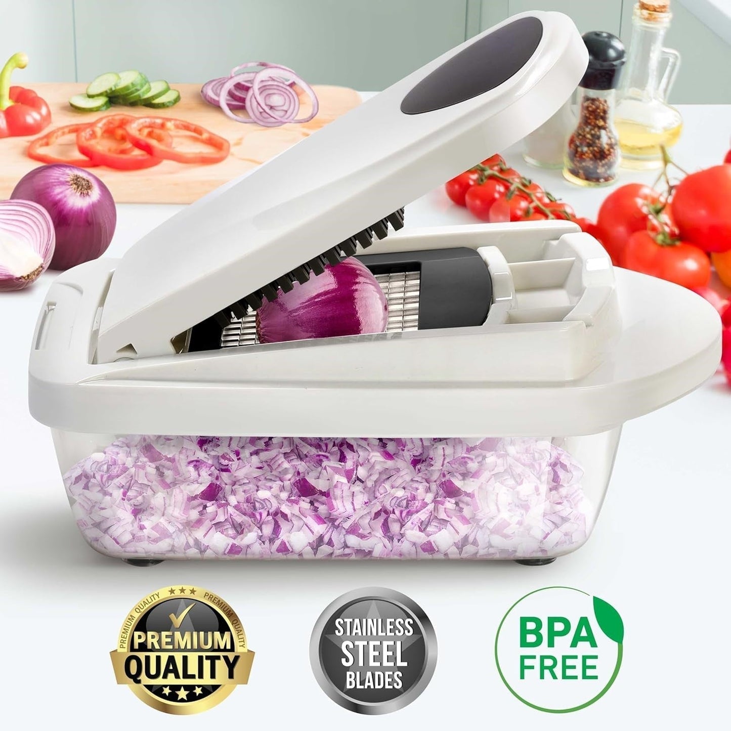 QuickPrep Vegetable Cutter with 8 Versatile Blades and Container