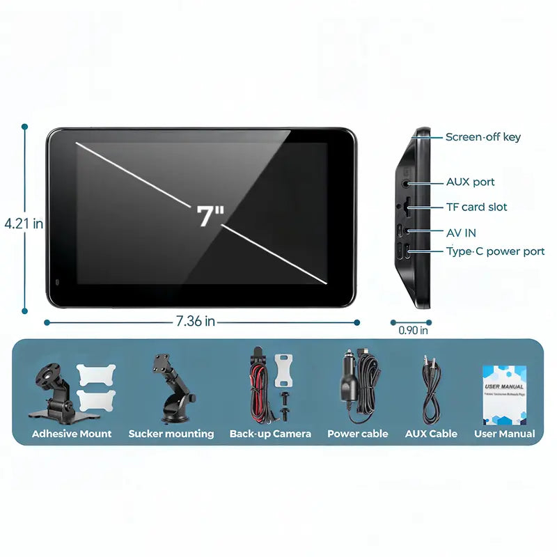 7-Inch Wireless Dashboard Display with Rearview Camera and Voice Control