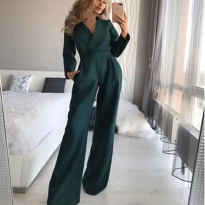 Effortless Elegance: Long Sleeve Jumpsuit with V Neck and Back Zip
