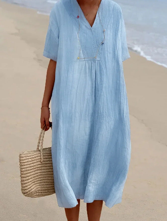 Breezy Coastal Dress with V-Neck and Soft Fabric, Short Sleeves