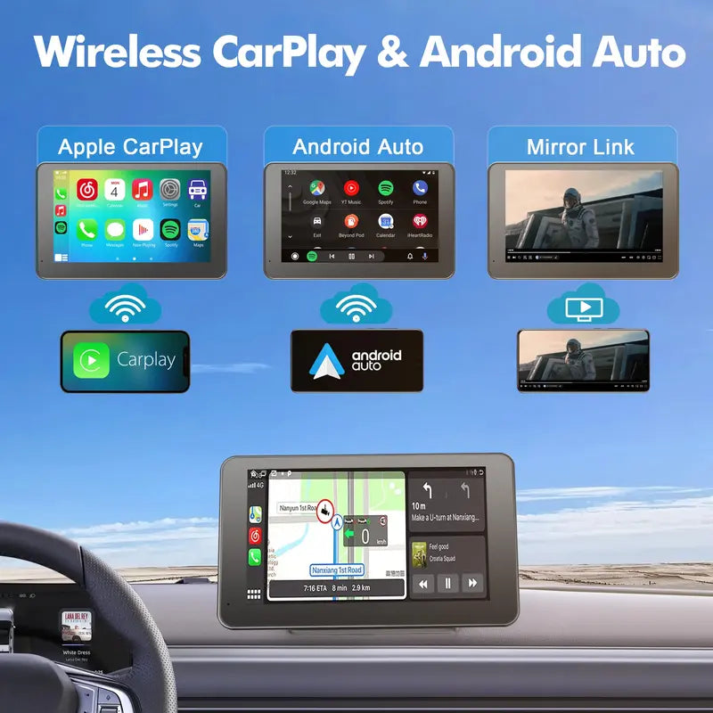 7-Inch Wireless Dashboard Display with Rearview Camera and Voice Control