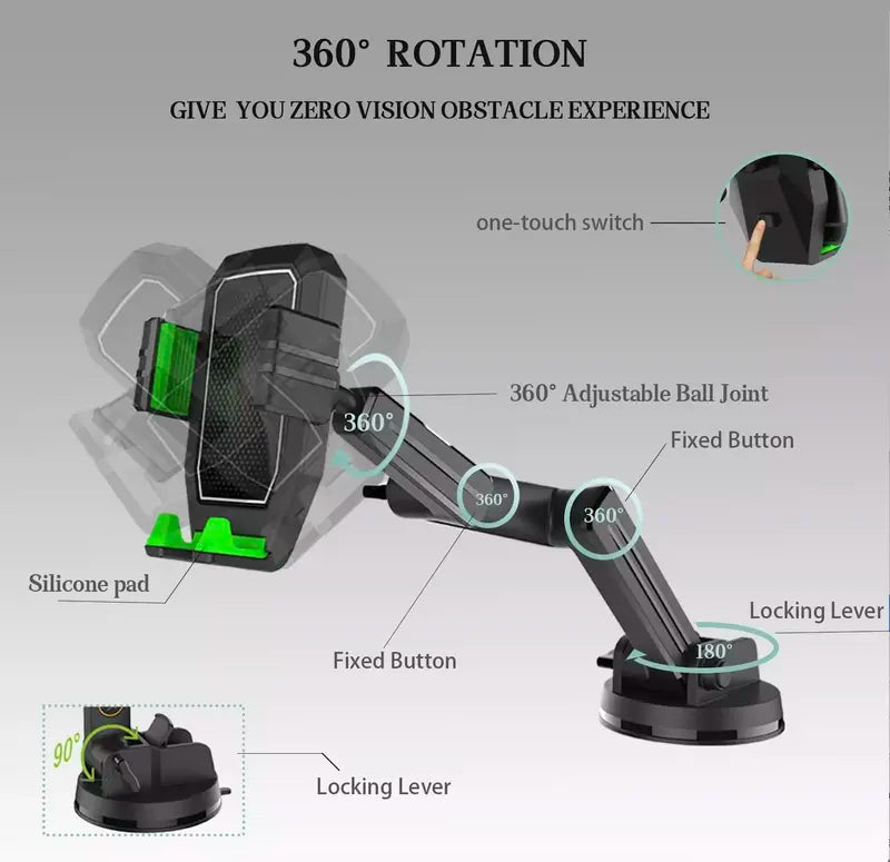 Versatile Phone Holder for Trucks with 360° Rotation and Long Reach