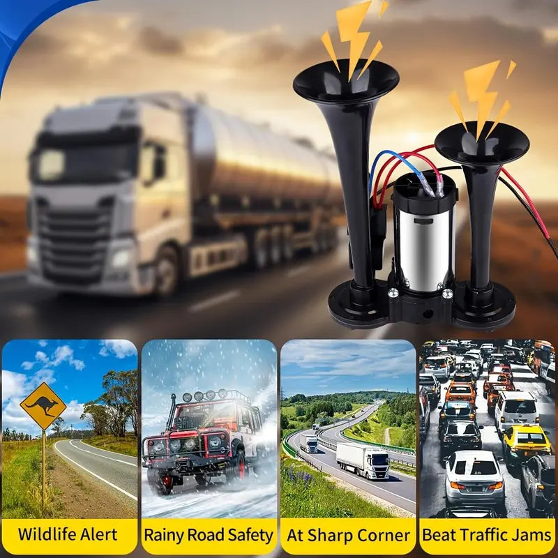 Loud and Clear Dual Air Horn Kit with 130dB Sound for 12V Vehicles