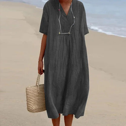 Breezy Midi Dress with V-Neck and Relaxed Fit, Short Sleeves