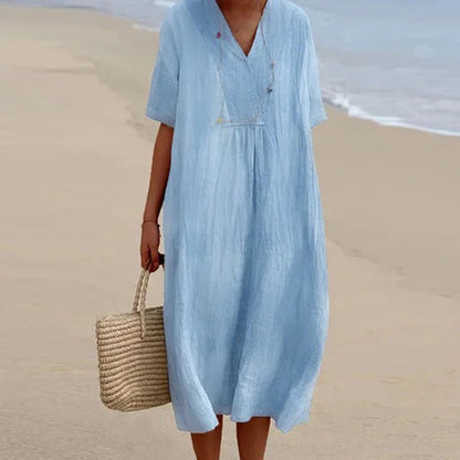 Breezy Midi Dress with V-Neck and Relaxed Fit, Short Sleeves