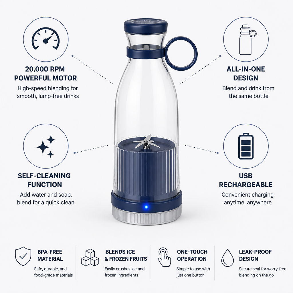 20,000 RPM USB Rechargeable Self-Cleaning Blender Bottle
