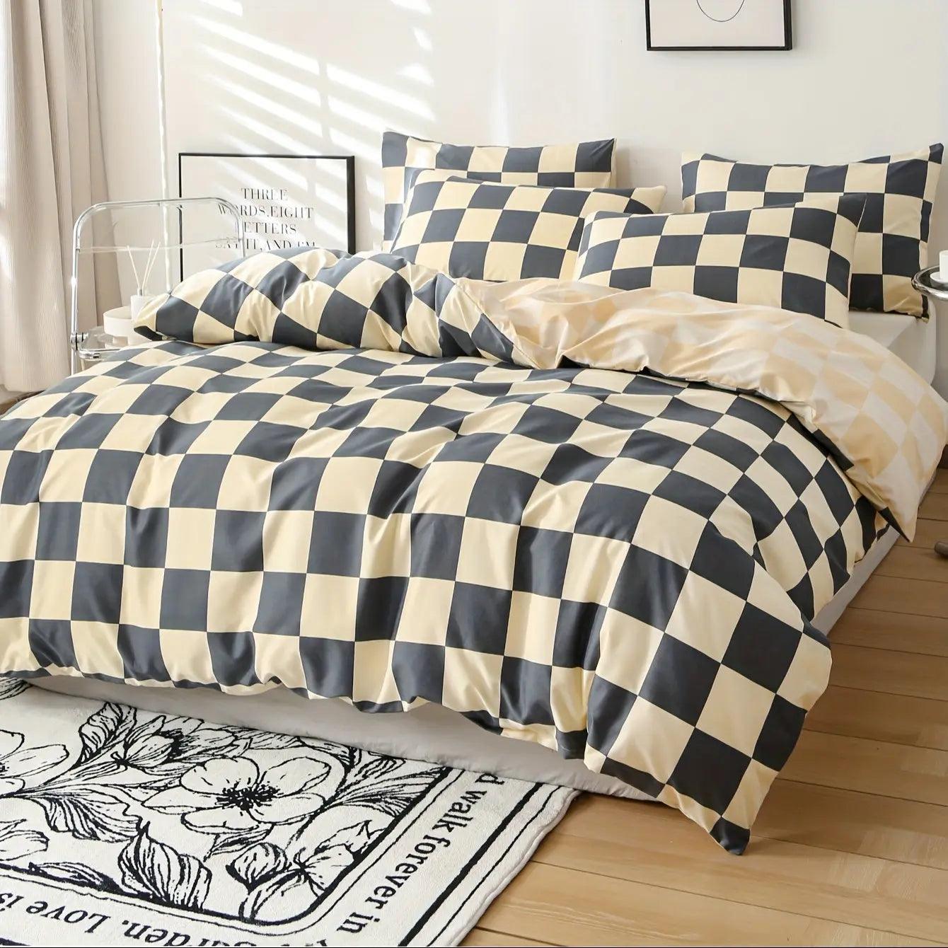 3-Piece Bedding Set Checkered Microfiber & Zipper Closure