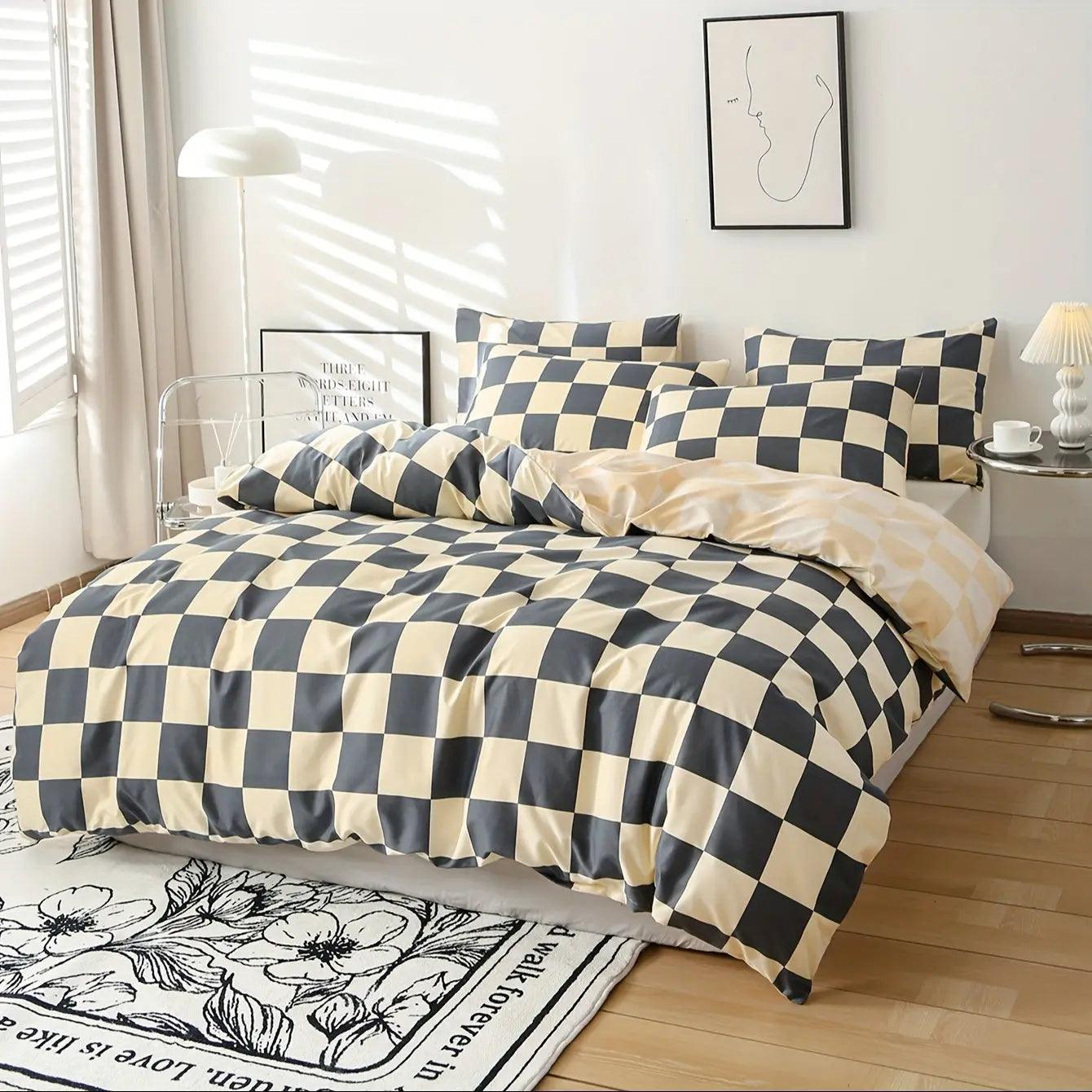 3-Piece Bedding Set Checkered Microfiber & Zipper Closure