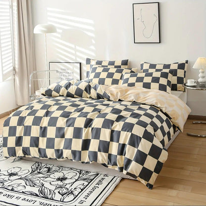 3-Piece Bedding Set Checkered Microfiber & Zipper Closure