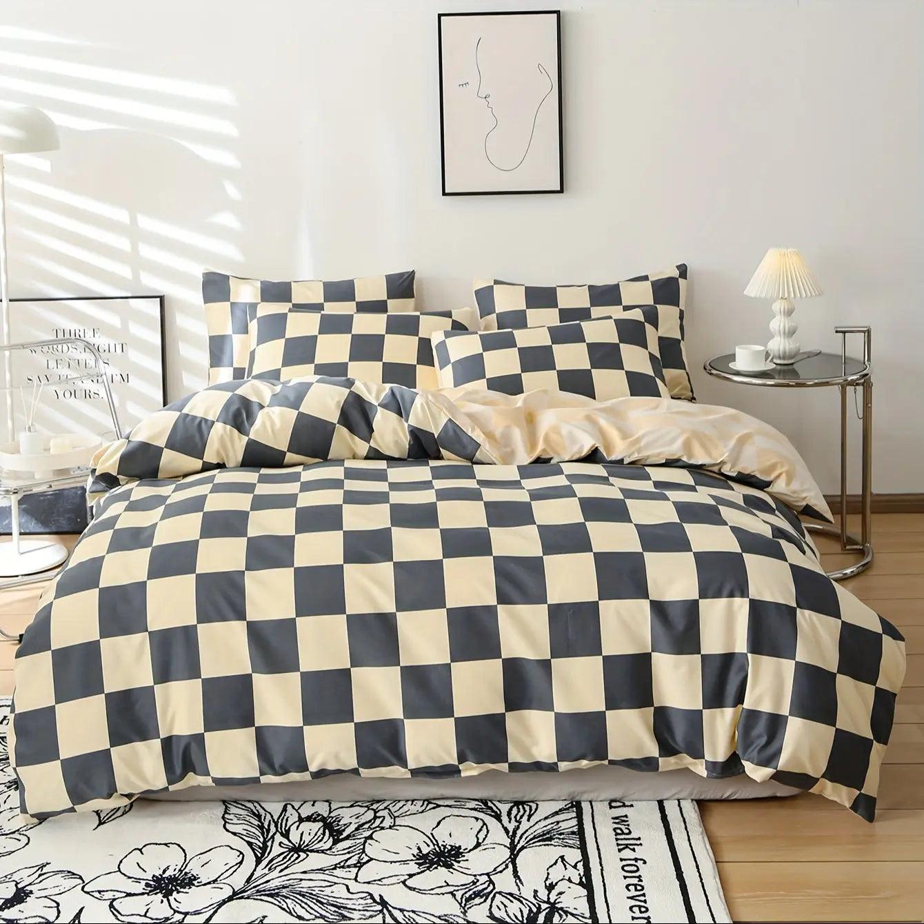 3-Piece Bedding Set Checkered Microfiber & Zipper Closure