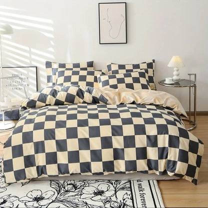 3-Piece Bedding Set Checkered Microfiber & Zipper Closure