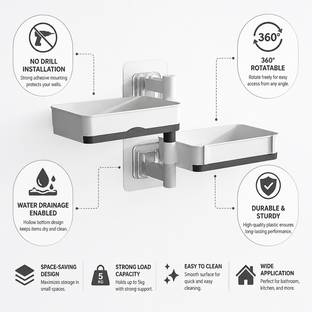 360° Rotatable No-Drill Adhesive Wall Shelf