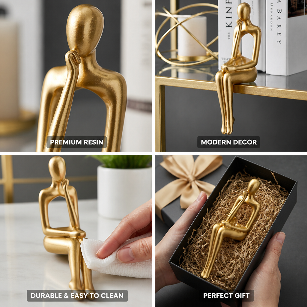 Abstract Thinker Statue Polished Gold Resin