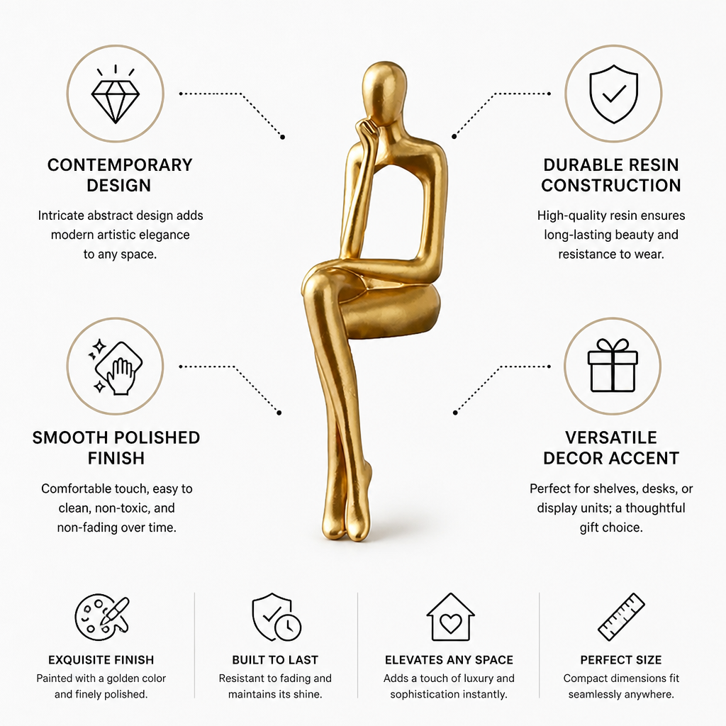 Abstract Thinker Statue Polished Gold Resin