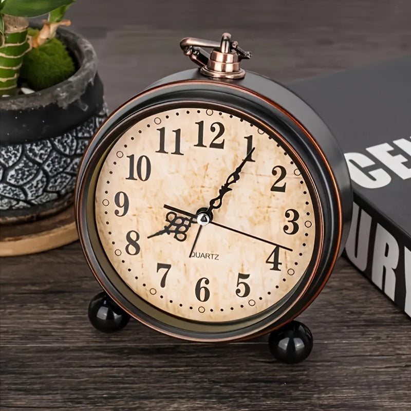 Alarm Clock Silent Quartz Metal Case & Copper Accents