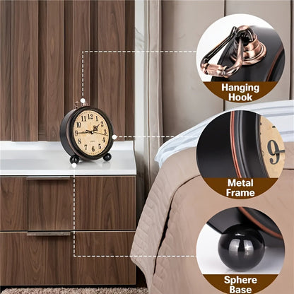 Alarm Clock Silent Quartz Metal Case & Copper Accents