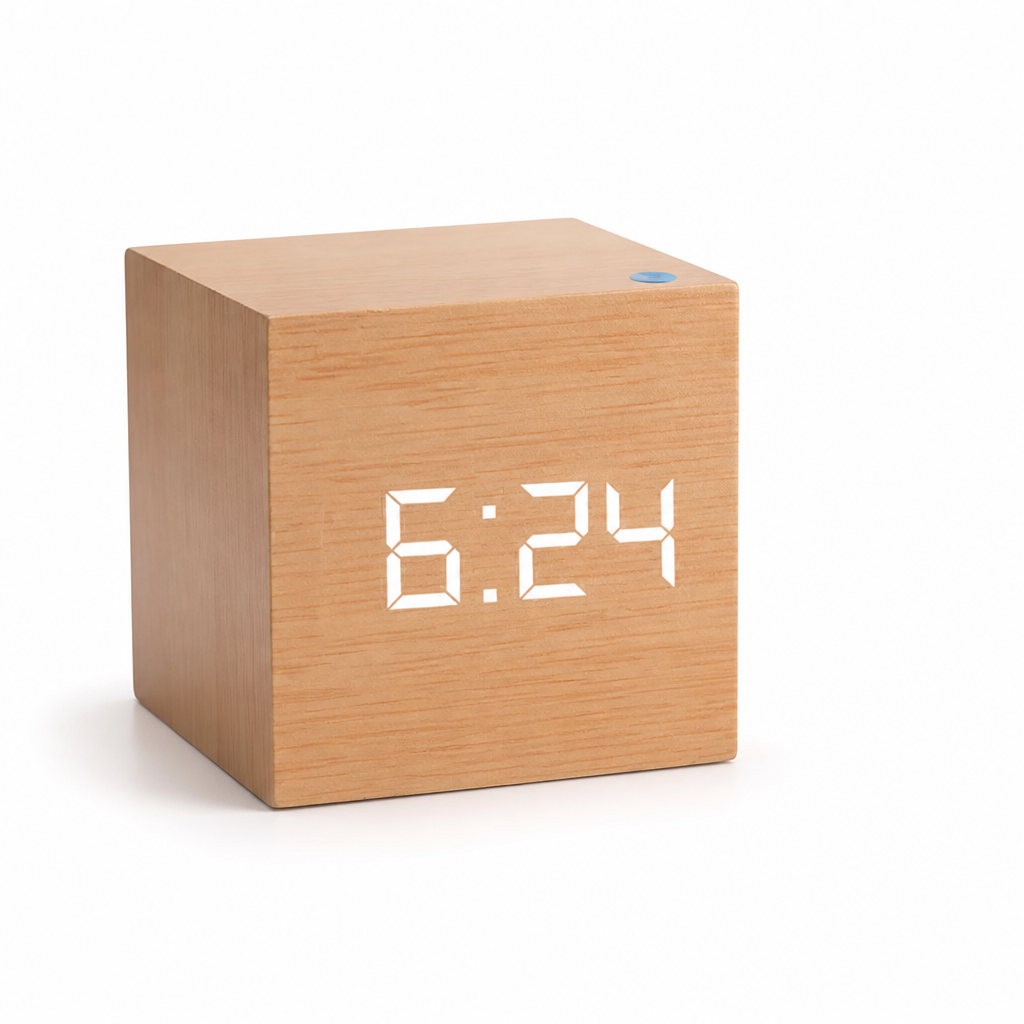 Alarm Clock Wood Grain LED Time Date & Temp