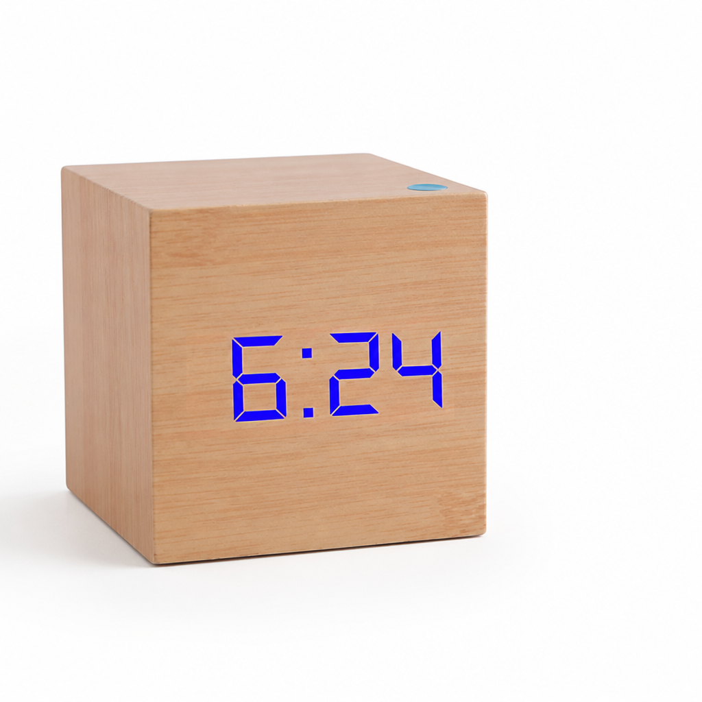 Alarm Clock Wood Grain LED Time Date & Temp