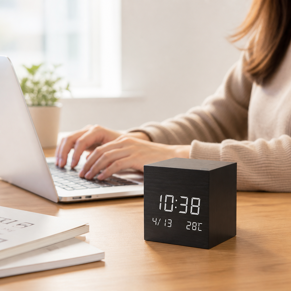 Alarm Clock Wood Grain LED Time Date & Temp