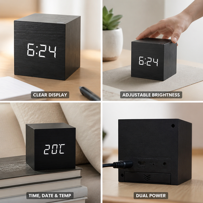 Alarm Clock Wood Grain LED Time Date & Temp