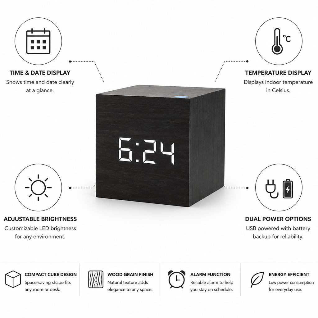 Alarm Clock Wood Grain LED Time Date & Temp