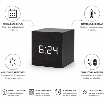Alarm Clock Wood Grain LED Time Date & Temp