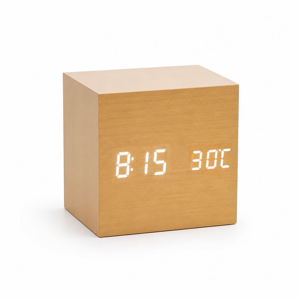 Alarm Clock Wood Grain LED Time Date & Temp