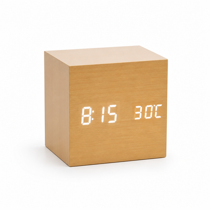 Alarm Clock Wood Grain LED Time Date & Temp