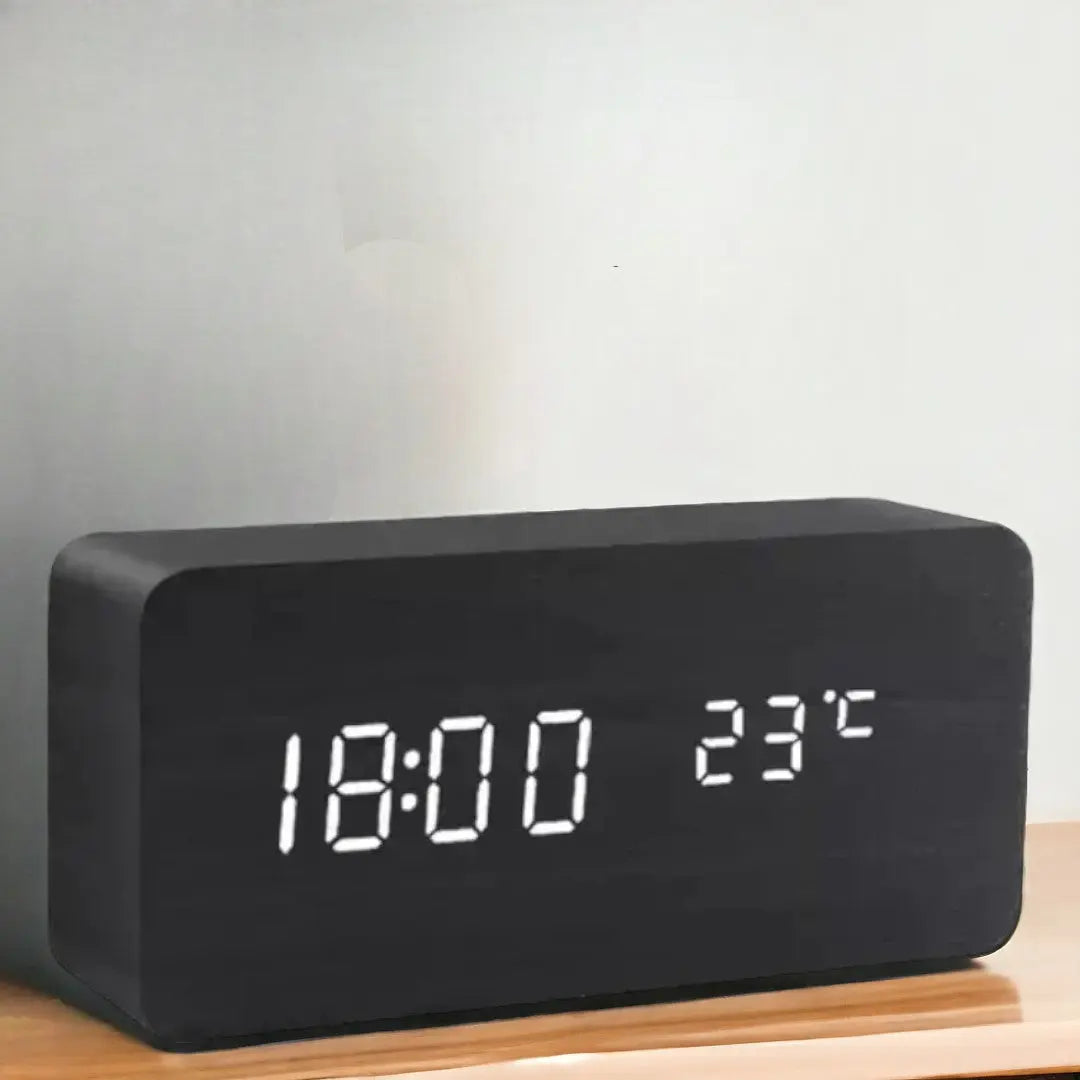 Alarm Clock Wood-Look LED Temperature Display Voice Control