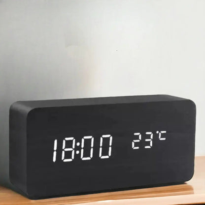 Alarm Clock Wood-Look LED Temperature Display Voice Control