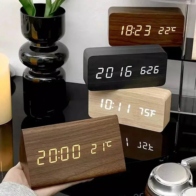 Alarm Clock Wood-Look LED Temperature Display Voice Control